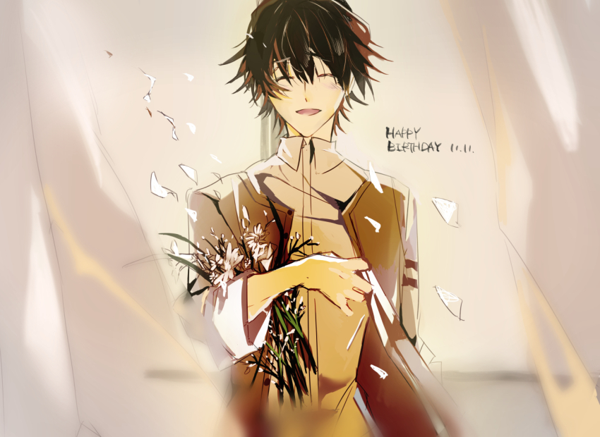 1boy, bouquet, brown_cardigan, brown_hair, cardigan, charade_maniacs, closed_eyes, collared_shirt