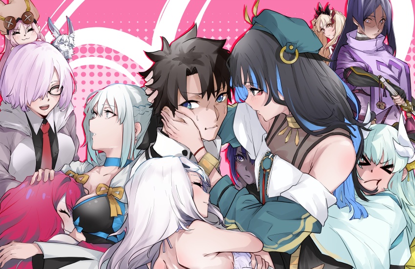 1boy, 6+girls, absurdres, aqua_hair, aqua_kimono, arm_guards, armor, baggy_clothes, baobhan_sith_(fate), baobhan_sith_(first_ascension)_(fate), between_breasts, black_bow, black_dress, black_hair, blonde_hair, blue_eyes, blue_hair, bodysuit, bow, braid, breasts, button_eyes, buttons, cleavage, closed_eyes, coat, colored_inner_hair, creature, dark-skinned_female, dark_skin, dragon_girl, dragon_horns, dress, ereshkigal_(fate), fate/grand_order, fate/prototype, fate/prototype:_fragments_of_blue_and_silver, fate_(series), forked_eyebrows, fou_(fate), fujimaru_ritsuka_(male), fujimaru_ritsuka_(male)_(decisive_battle_chaldea_uniform), green_headwear, habetrot_(fate), hair_over_one_eye, half_up_braid, harem, hassan_of_serenity_(fate), head_between_breasts, headdress, highres, horns, huge_breasts, jacket, japanese_armor, japanese_clothes, katana, kimono, kiyohime_(fate), large_breasts, light_purple_hair, long_hair, low-tied_long_hair, mash_kyrielight, melusine_(fate), melusine_(second_ascension)_(fate), minamoto_no_raikou_(fate), minamoto_no_raikou_(first_ascension)_(fate), morgan_le_fay_(fate), morgan_le_fay_(second_ascension)_(fate), multicolored_hair, multiple_girls, multiple_horns, necktie, parted_bangs, pink_coat, pink_headwear, purple_bodysuit, purple_eyes, purple_hair, ribbed_sleeves, short_hair, sidelocks, small_breasts, smile, sword, tenochtitlan_(fate), tenochtitlan_(second_ascension)_(fate), two-tone_dress, two_side_up, very_dark_skin, very_long_hair, weapon, white_hair, yt_(63641217)