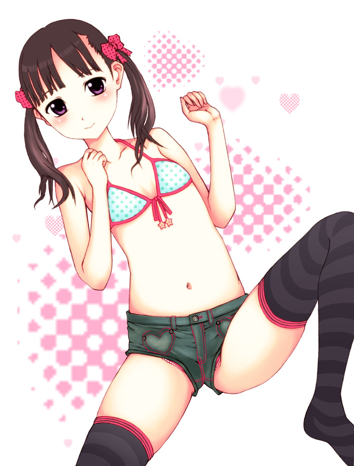 1girl, bikini, bikini_top_only, blush, bow, brown_hair, denim, denim_shorts, female_focus, flat_chest, front-tie_top, hair_bow, halftone, halftone_background, lying, neuron_(exceed), original, polka_dot, polka_dot_bikini, polka_dot_swimsuit, purple_eyes, short_hair, shorts, skindentation, solo, striped_clothes, striped_thighhighs, swimsuit, thighhighs, twintails, upshorts, white_background