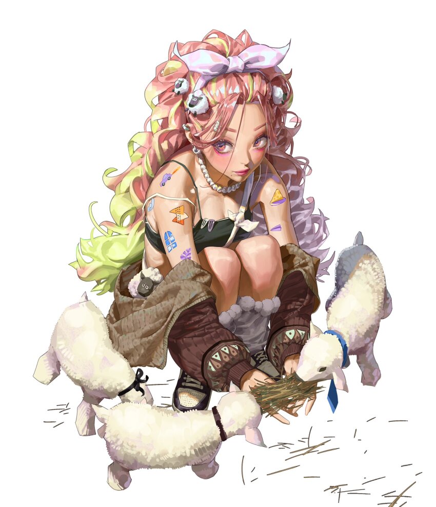 1girl, baby_animal, black_camisole, black_eyes, bow, brown_jacket, camisole, cropped_shirt