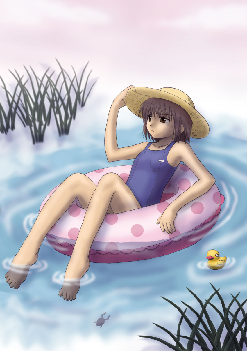 1girl, absurdres, afloat, bad_feet, barefoot, brown_eyes, brown_hair, feet