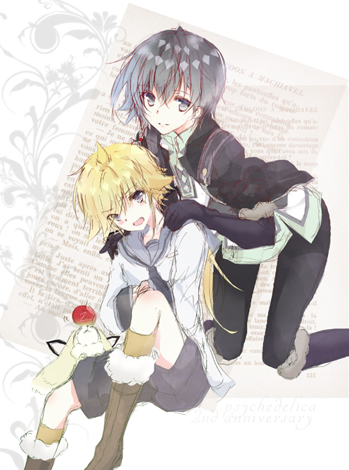 1boy, 1girl, androgynous, black_eyes, black_hair, blonde_hair, child, closed_mouth, elric_(haitaka_no_psychedelica), grey_eyes, haitaka_no_psychedelica, houkiri_nemu, jed_(haitaka_no_psychedelica), long_hair, looking_at_another, open_mouth, reverse_trap, smile