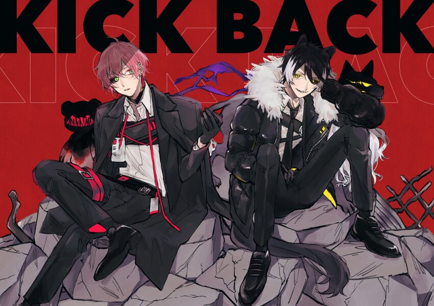 2boys, animal_ears, belt, black_belt, black_choker, black_coat, black_footwear, black_gloves, black_hair, black_jacket, black_necktie, black_pants, black_sclera, black_socks, blood, cat, choker, coat, coat_on_shoulders, collared_shirt, colored_sclera, down_jacket, dress_shoes, earrings, expressionless, fanny_pack, figure_four_sitting, foot_out_of_frame, fugampiyo, full_body, fur-trimmed_jacket, fur_trim, gloves, green_eyes, grey_cat, grin, hair_between_eyes, hand_up, harness, highres, holostars, jackal_boy, jackal_ears, jackal_tail, jacket, jewelry, kageyama_shien, knees_up, looking_at_viewer, male_focus, mismatched_sclera, multicolored_hair, multiple_boys, neck_ribbon, necktie, nekoyama_shien, official_alternate_costume, open_clothes, open_collar, open_jacket, pants, parted_lips, pink_hair, pink_ribbon, red_background, ribbon, rikka_(holostars), rubble, sharp_teeth, shirt, shoes, short_hair, single_earring, sitting, smile, socks, song_name, spanner_(holostars), stuffed_animal, stuffed_toy, suit_jacket, tail, teddy_bear, teeth, thigh_strap, two-tone_hair, undone_neck_ribbon, v-shaped_eyebrows, virtual_youtuber, white_hair, white_shirt, yellow_eyes, zipper