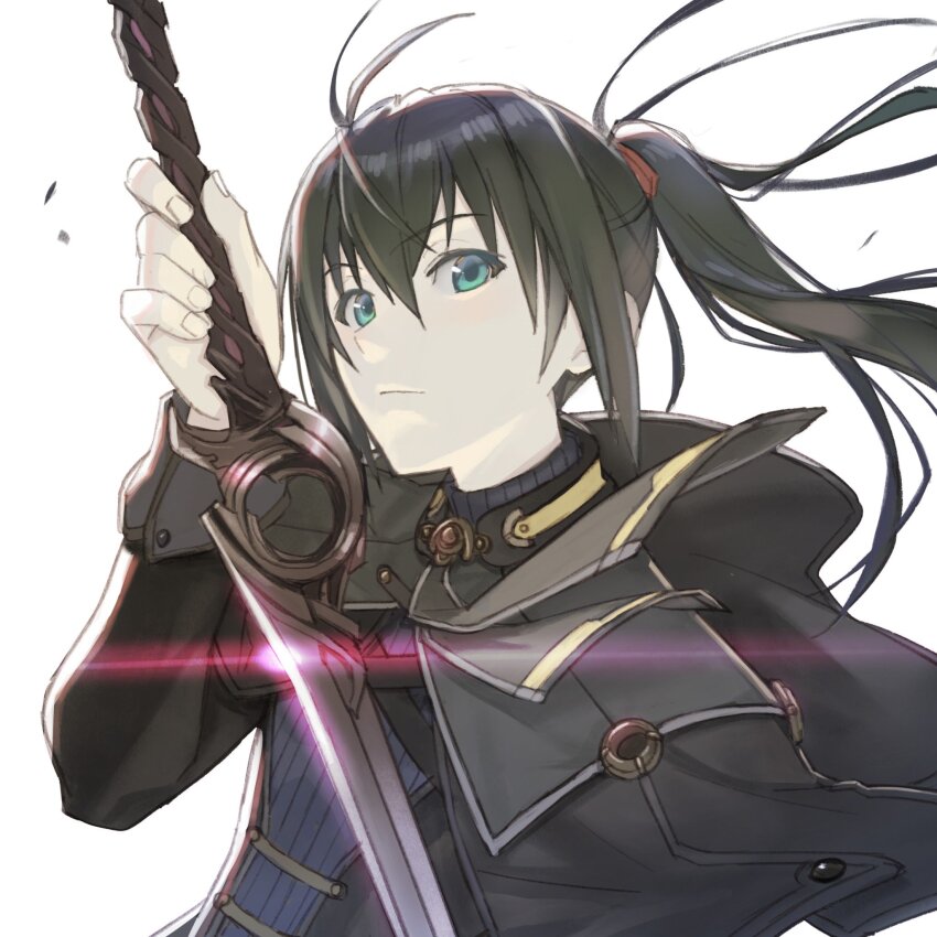 1boy, black_hair, blue_eyes, decoponmagi, highres, holding, holding_sword, holding_weapon