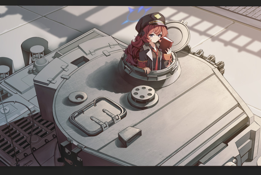 1girl, absurdres, armband, black_hat, black_ribbon, black_shirt, blue_archive, book