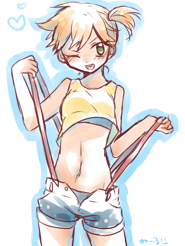 1girl, aqua_background, asymmetrical_hair, belt_loop, border, breasts, clothes_pull, cowboy_shot