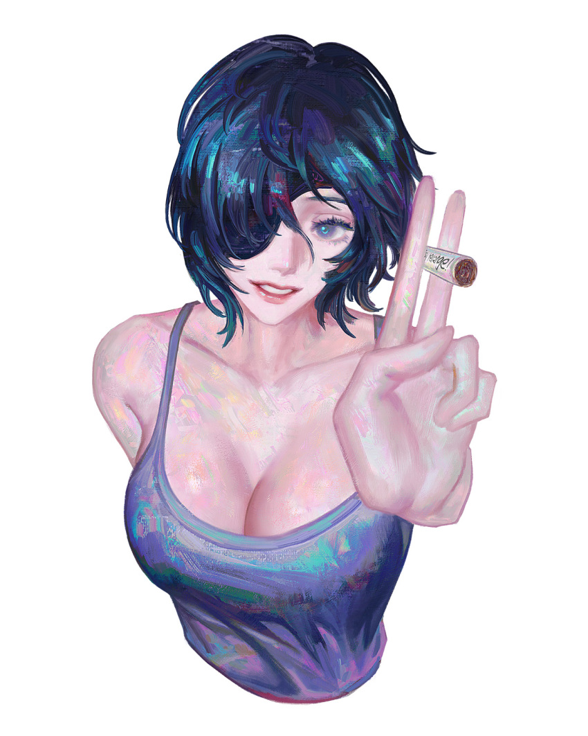bare_shoulders, blue_eyes, blue_hair, breasts, chainsaw_man, cigarette, cleavage, collarbone