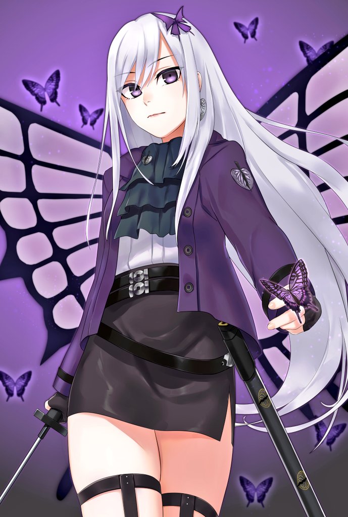 1girl, ascot, belt, black_ascot, bug, butterfly, butterfly_hair_ornament, butterfly_on_hand