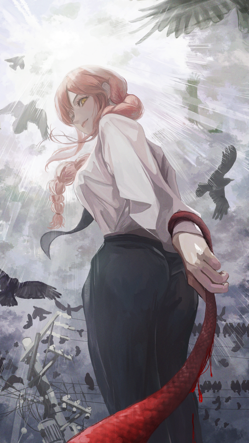 1girl, absurdres, ass, bird, black_necktie, black_pants, blood, braid