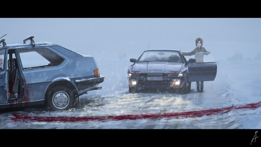 1girl, blood, blood_splatter, blood_trail, brown_hair, brown_jacket, car, commentary_request