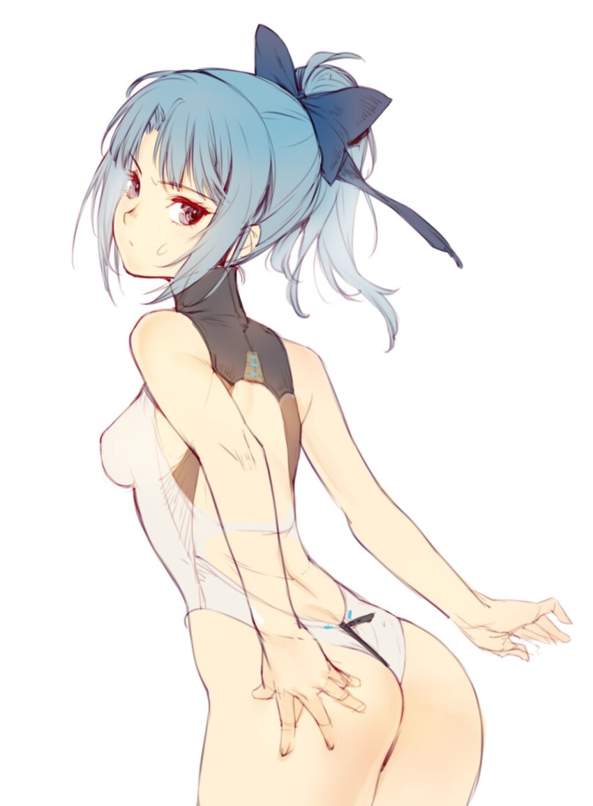 1girl, alice_gear_aegis, ass, back, back_cutout, bare_shoulders, blue_bow, blue_hair