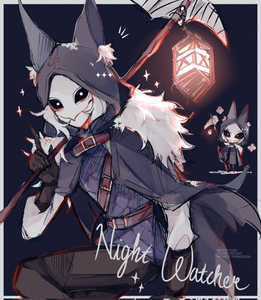 1boy, animal_ear_fluff, animal_ears, belt, black_background, black_sclera, bright_pupils, brown_gloves, character_name, chibi, cloak, colored_sclera, commentary, english_commentary, fake_animal_ears, film_grain, floffyusa, fur-trimmed_cloak, fur_trim, gloves, highres, holding, holding_weapon, hood, hooded_cloak, identity_v, ithaqua_(identity_v), lantern, long_sleeves, male_focus, mask, short_hair, simple_background, smile, solo, sparks, sparkle, weapon, white_hair, white_pupils