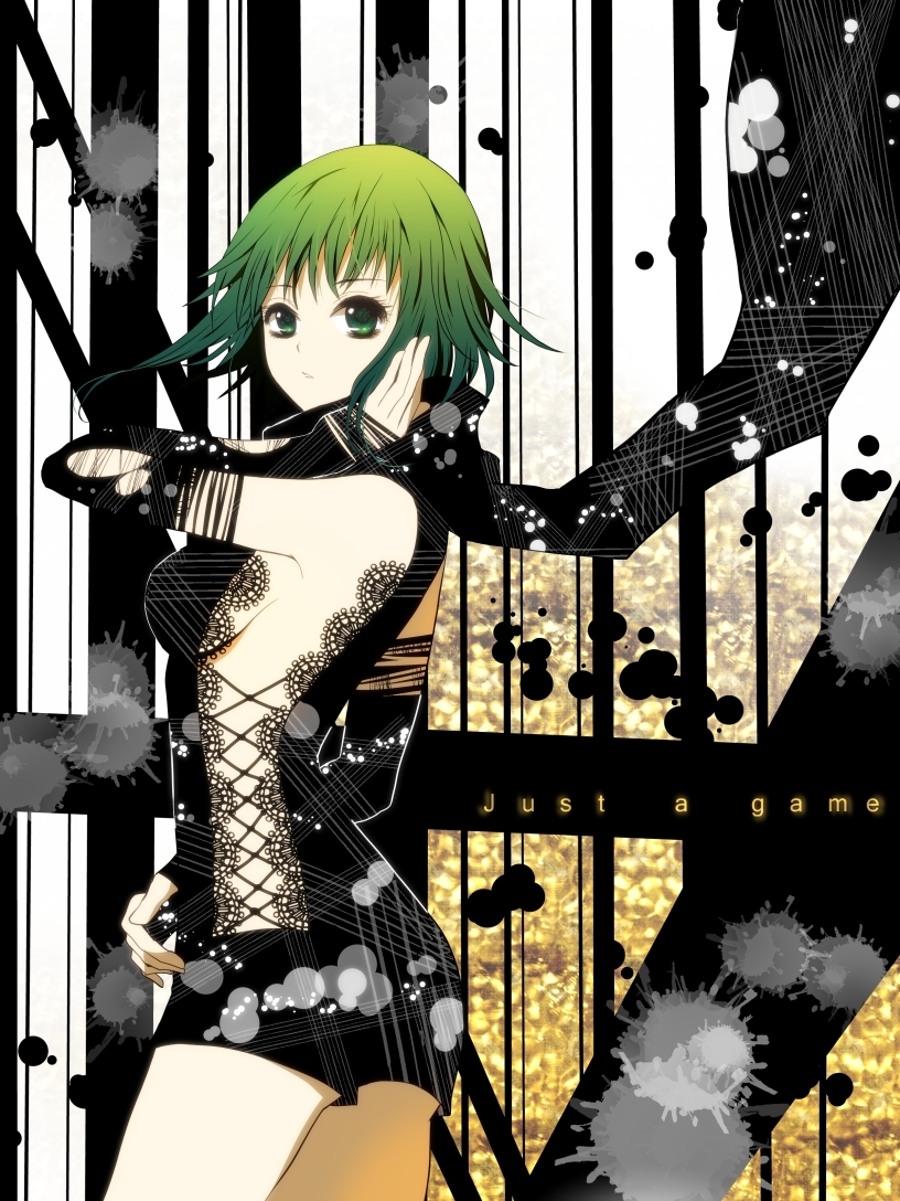 1girl, bad_id, bad_pixiv_id, black_dress, detached_sleeves, dress, female_focus, green_eyes, green_hair, gumi, just_a_game_(vocaloid), matching_hair/eyes, nunucco, scarf, short_dress, short_hair, solo, vocaloid