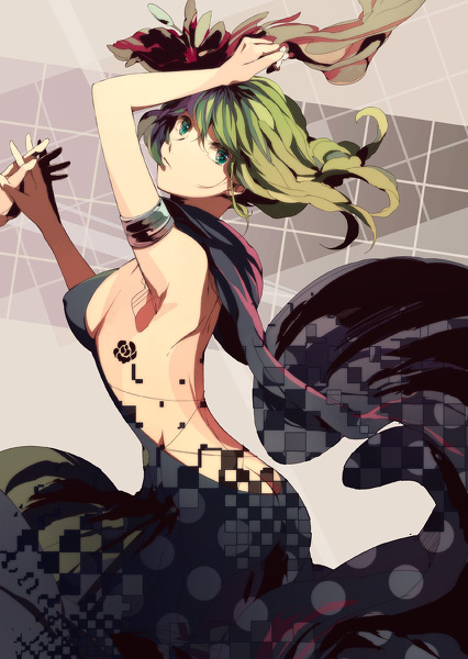 1girl, bad_id, bad_pixiv_id, black_dress, breasts, butt_crack, dress, female_focus, green_eyes, green_hair, gumi, image_sample, just_a_game_(vocaloid), matching_hair/eyes, medium_breasts, oba-min, pixiv_sample, scarf, short_hair, sideboob, solo, vocaloid