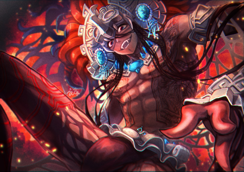 1boy, abs, black_eyes, black_hair, black_skin, braid, camazotz_(fate), colored_skin