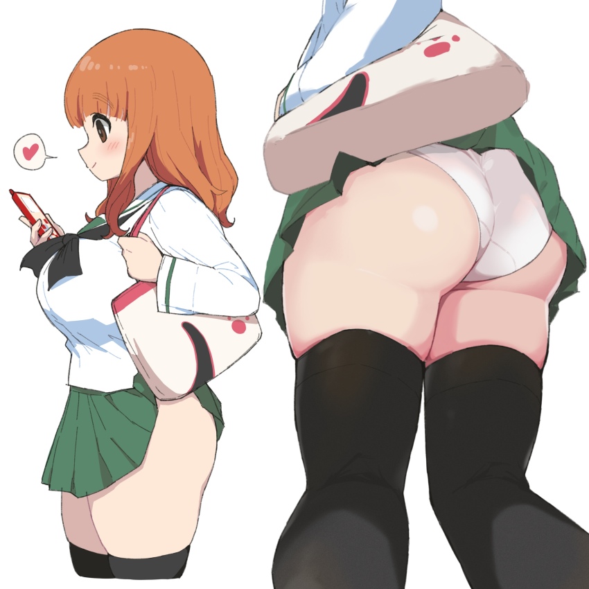 1girl, absurdres, accidental_exposure, ass, bag, black_thighhighs, blunt_bangs, blush, brown_hair, cellphone, closed_mouth, clothes_lift, clueless, cropped_legs, girls_und_panzer, green_sailor_collar, green_skirt, heart, highres, holding, holding_phone, huge_ass, long_hair, long_sleeves, microskirt, multiple_views, ooarai_school_uniform, orange_hair, panties, phone, pleated_skirt, sailor_collar, school_uniform, serafuku, shirt, shoulder_bag, simple_background, skirt, skirt_caught_on_object, skirt_lift, smartphone, smile, spoken_heart, takebe_saori, thick_thighs, thighhighs, thighs, underwear, wedgie, white_background, white_panties, white_shirt, yabai_gorilla