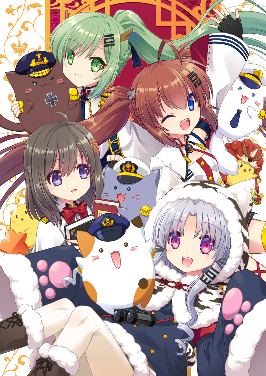 4girls, absurdres, aiguillette, an_shan_(azur_lane), animal, animal_hood, animal_print, azur_lane