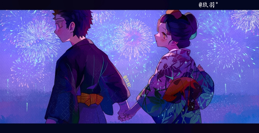 1boy, 1girl, aerial_fireworks, arm_tattoo, artist_name, black_hair, black_kimono, blue_eyes