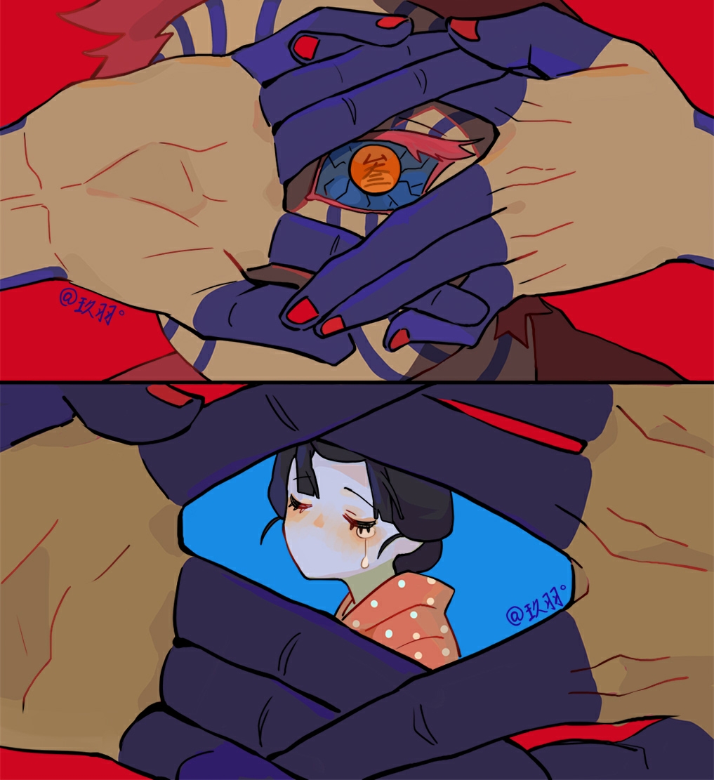 1boy, 1girl, akaza_(kimetsu_no_yaiba), artist_name, black_hair, blue_background, colored_eyelashes, commentary_request, covered_mouth, crying, eyelashes, facial_mark, facial_tattoo, finger_frame, hair_pulled_back, hands_up, japanese_clothes, jiuyu0, kimetsu_no_yaiba, kimono, kitsune_no_mado, koyuki_(kimetsu_no_yaiba), looking_at_viewer, male_focus, nihongami, one_eye_covered, orange_eyes, own_hands_together, peeking_through_fingers, pink_hair, pink_kimono, polka_dot, polka_dot_kimono, portrait, pov, pov_hands, red_background, red_nails, short_hair, simple_background, split_screen, tattoo, tears, tears_from_one_eye, text_in_eyes, updo