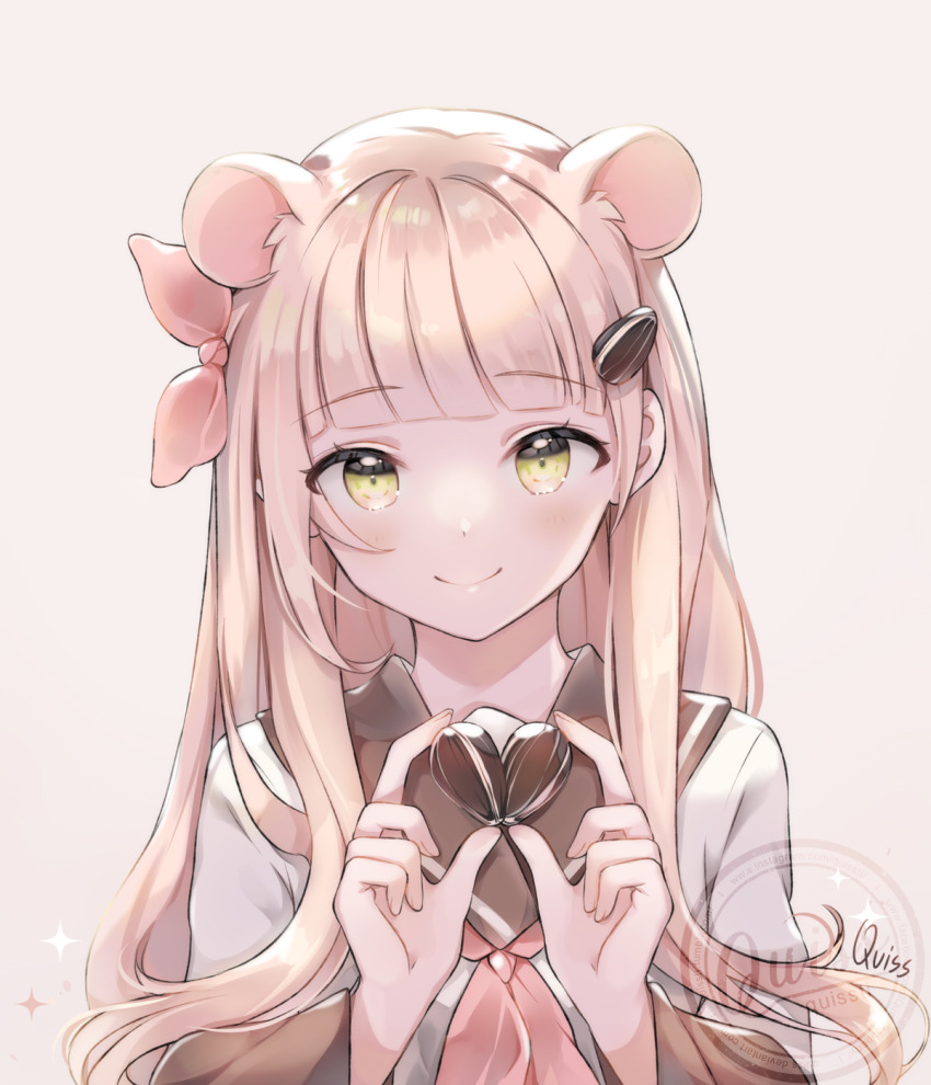 1girl, animal_ears, artist_logo, artist_name, blonde_hair, blunt_bangs, bow, brown_sailor_collar