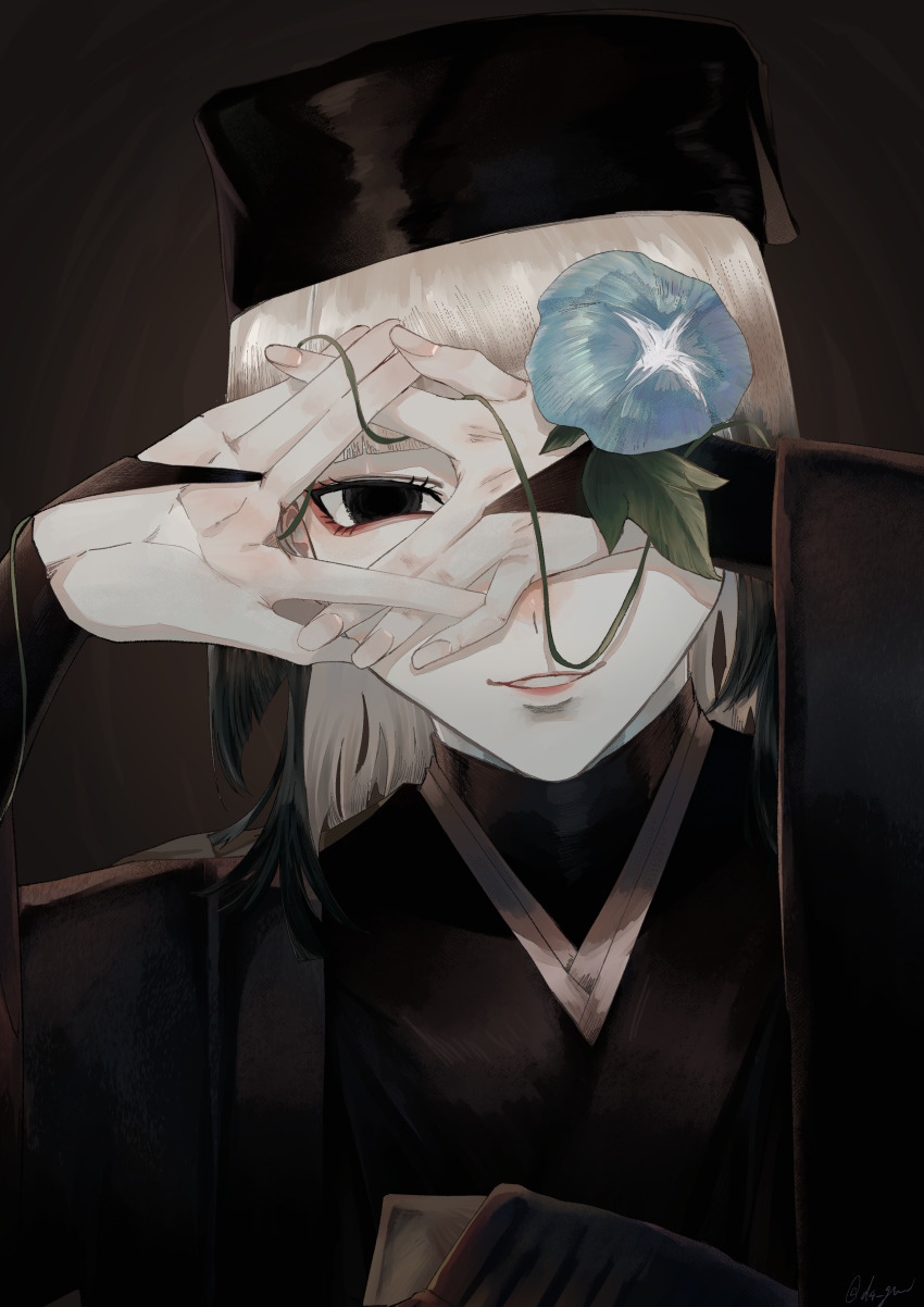 1girl, absurdres, black_hair, black_hat, bridal_gauntlets, brown_background, eyeliner, fate/grand_order