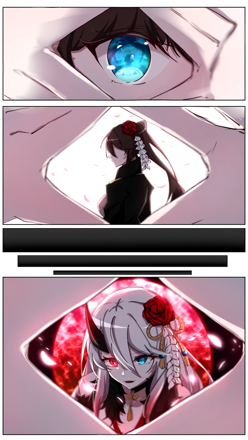 2girls, 3koma, absurdres, black_jacket, blue_eyes, breasts, brown_hair, character_request, check_character, choker, colored_tips, comic, counter:side, demon_girl, eye_focus, flower, full_moon, glowing, glowing_petals, hair_between_eyes, hair_flower, hair_ornament, highres, horns, jacket, kanzashi, kitsune_no_mado, large_breasts, long_hair, looking_at_viewer, medium_breasts, moon, multicolored_hair, multiple_girls, nanahara_chifuyu, nanahara_chinatsu, oni_horns, peeking_through_fingers, petals, ponytail, portrait, profile, red_eyes, red_flower, red_hair, red_moon, siblings, silent_comic, simple_background, single_horn, sisters, smile, streaked_hair, upper_body, white_background, white_hair, yorururu