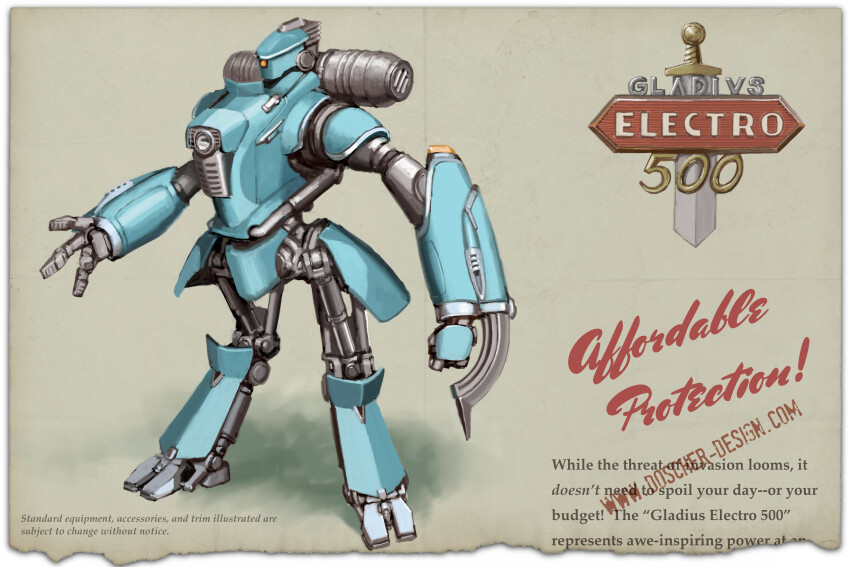 1950s_(style), arm_blade, commentary, concept_art, english_commentary, english_text, fake_ad, gladius_electro_500, highres, humanoid_robot, light, logo, machinery, mecha, mike_doscher, no_humans, one-eyed, original, realistic, retro_artstyle, robot, science_fiction, signature, solo, sword, watermark, weapon, web_address