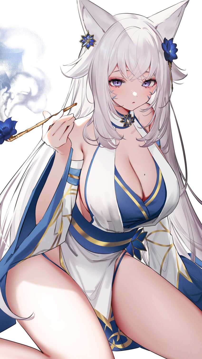 1girl, absurdres, animal_ears, blue_flower, breasts, cleavage, commission, crossed_bangs, detached_sleeves, facial_mark, flower, fox_ears, fox_girl, hair_between_eyes, hair_flower, hair_ornament, halterneck, highres, holding, holding_smoking_pipe, indie_virtual_youtuber, kiseru, kuma_daigorou, large_breasts, long_hair, looking_at_viewer, mole, mole_under_eye, mole_under_mouth, panties, panty_peek, pelvic_curtain, purple_eyes, sakae_izumi, sidelocks, sitting, skeb_commission, smoking_pipe, solo, thighs, underwear, very_long_hair, virtual_youtuber, whisker_markings, white_background, white_hair, wide_sleeves