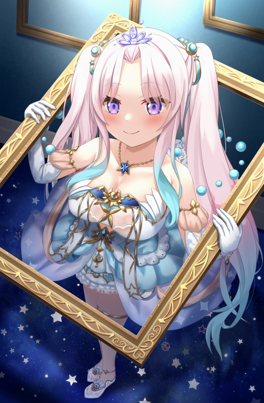 1girl, airani_iofifteen, airani_iofifteen_(sci-fi_princess), clothing_cutout, cutout_above_navel, highres, holding, holding_picture_frame, hololive, hololive_indonesia, jewelry, long_hair, multicolored_hair, picture_frame, purple_eyes, tagme, thighlet, twintails, two-tone_hair, virtual_youtuber