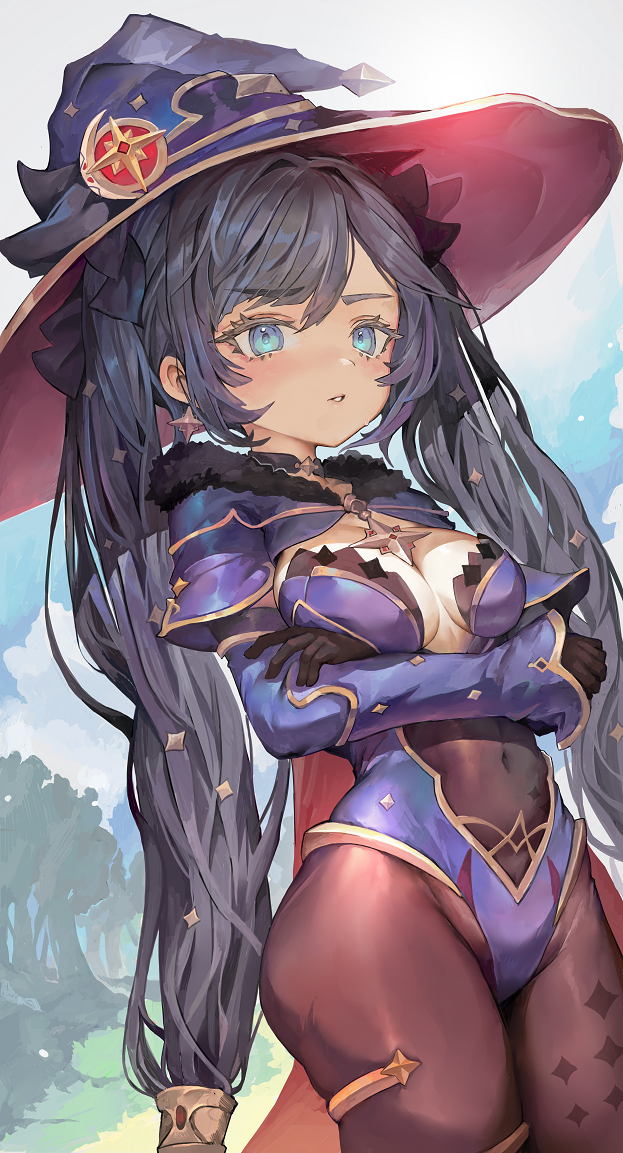 1girl, black_hair, blue_eyes, blue_leotard, blush, bodystocking, breasts, breasts_apart