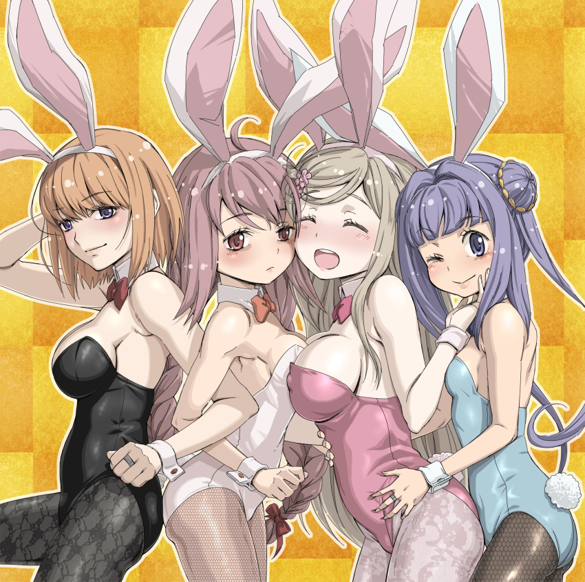 4girls, animal_ears, blonde_hair, blunt_bangs, blush, bow, bowtie, braid