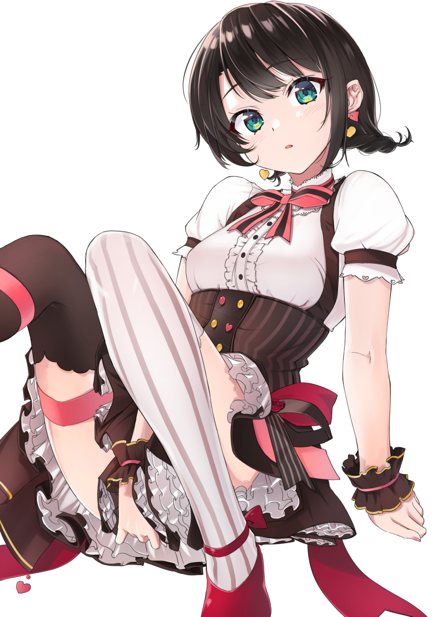 1girl, asymmetrical_legwear, black_hair, braid, breasts, brown_thighhighs, earrings, frills