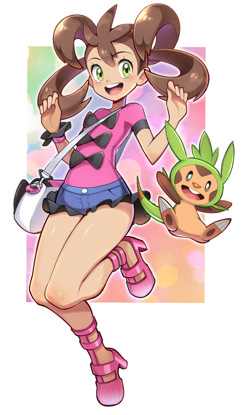 1girl, :d, absurdres, bag, blue_shorts, brown_hair, chespin, commentary