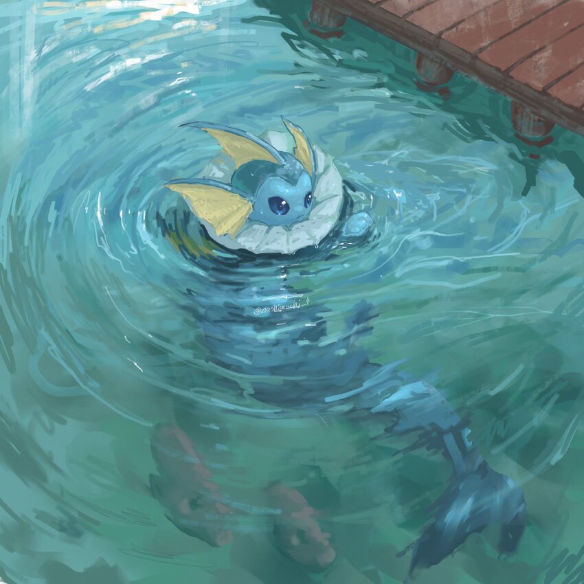 blue_eyes, blue_theme, closed_mouth, day, gen_1_pokemon, gen_3_pokemon, highres, luvdisc, nashimochi_4, nintendo, no_humans, outdoors, pokemon, pokemon_(creature), ripples, twitter_username, vaporeon, water, watermark