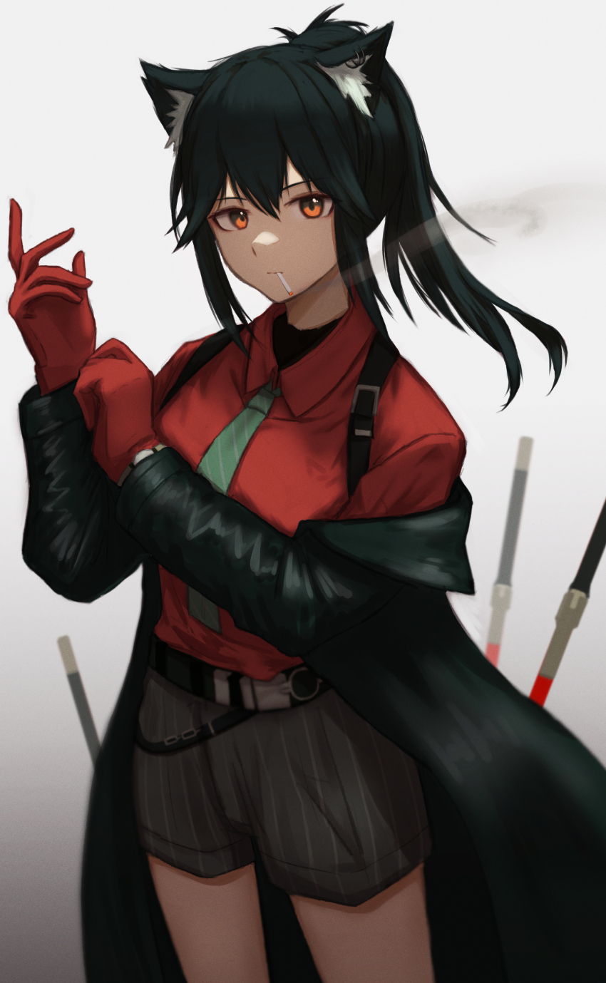 1girl, absurdres, animal_ear_fluff, animal_ears, arknights, black_hair, black_jacket, cigarette