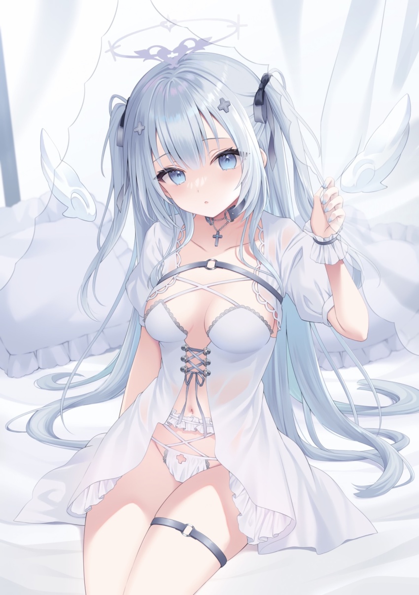 1girl, babydoll, bed, blue_eyes, blue_hair, blush, breasts, choker