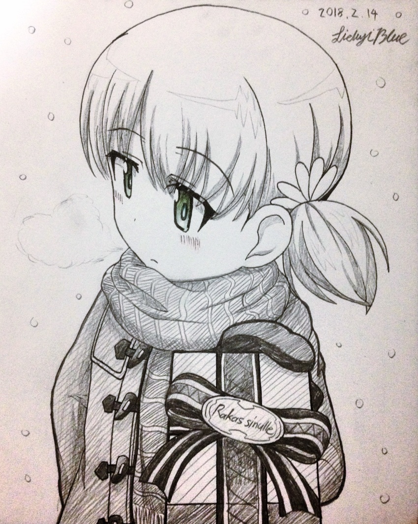 1girl, absurdres, aki_(girls_und_panzer), artist_name, averting_eyes, blush, breath, closed_mouth, coat, commentary, dated, finnish_text, fringe_trim, gift, girls_und_panzer, giving, gloves, graphite_(medium), green_eyes, highres, holding, holding_gift, lichyiblue, light_frown, long_sleeves, low_twintails, monochrome, scan, scarf, short_hair, short_twintails, signature, snowing, solo, spot_color, striped_clothes, striped_scarf, toggles, traditional_media, translated, twintails, upper_body, valentine, winter_clothes