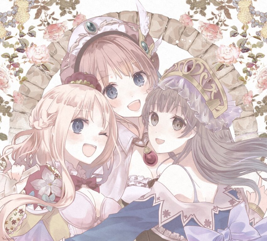 3girls, atelier_(series), atelier_meruru, atelier_rorona, atelier_totori, back_bow, bare_shoulders, beret