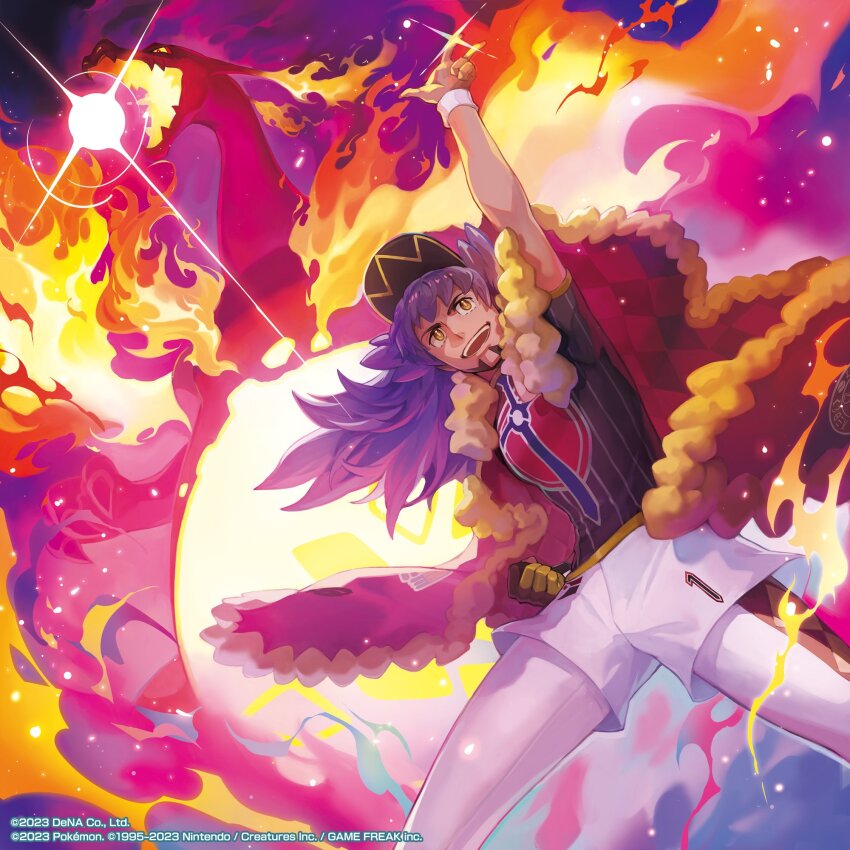 1boy, :d, argyle, arm_up, baseball_cap, cape, champion_uniform, charizard