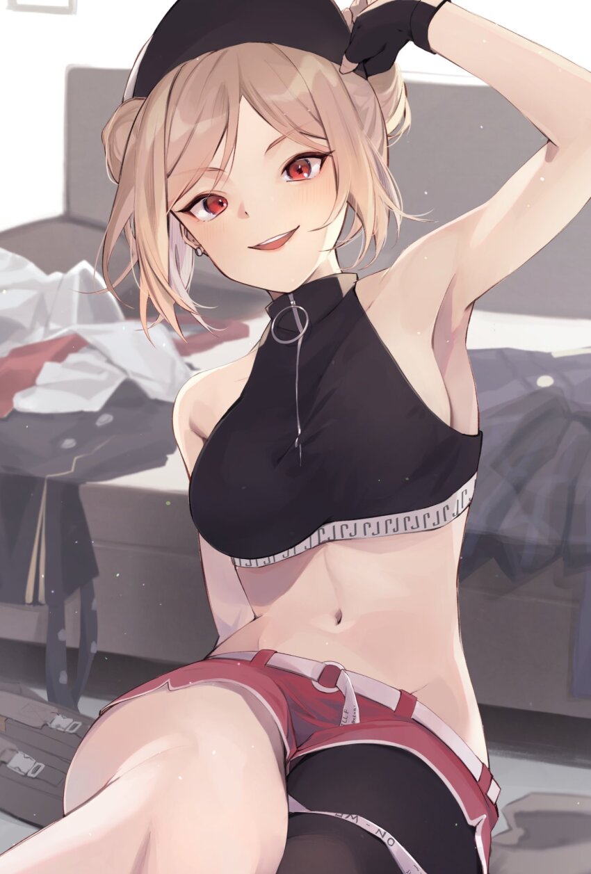 1girl, ar-57_(girls'_frontline), ar-57_(girls'_frontline)_(cosplay), arm_up, armpits, bare_shoulders, belt, black_gloves