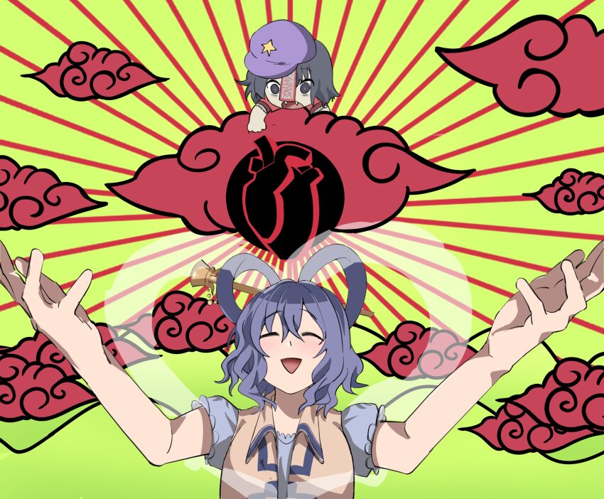 2girls, akatsuki_records, black_eyes, black_hair, blue_dress, blue_hair, brown_vest, chibi, closed_eyes, cloud, collared_vest, commentary, dress, fangs, green_background, hagoromo, hair_between_eyes, hair_ornament, hair_rings, hair_stick, hat, hat_ornament, highres, idola_(mukbangfan22), jiangshi, kaku_seiga, miyako_yoshika, multiple_girls, necromantic, newsboy_cap, ofuda, open_clothes, open_mouth, open_vest, purple_headwear, red_pupils, red_shirt, shawl, shirt, short_hair, short_sleeves, smile, star_(symbol), star_hat_ornament, subarashii_pose, sunburst, sunburst_background, touhou, upper_body, vest, xiangyun