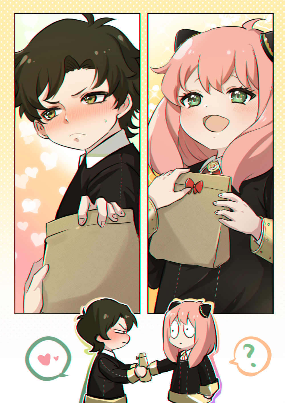1boy, 1girl, :d, ?, anya_(spy_x_family), bag, black_dress, blush