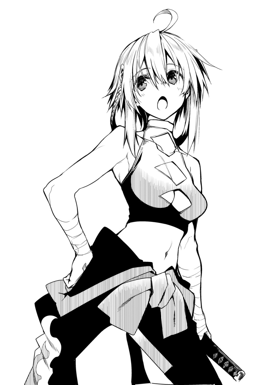 10mo, 1girl, ahoge, bandaged_arm, bandages, cleavage_cutout, clothing_cutout, collarbone, crop_top, fudou_yukimitsu_(tenka_hyakken), hair_ornament, hand_on_own_hip, head_tilt, highres, holding, holding_weapon, midriff, monochrome, open_mouth, short_hair, sleeveless, standing, tenka_hyakken, waist_cape, weapon, white_background