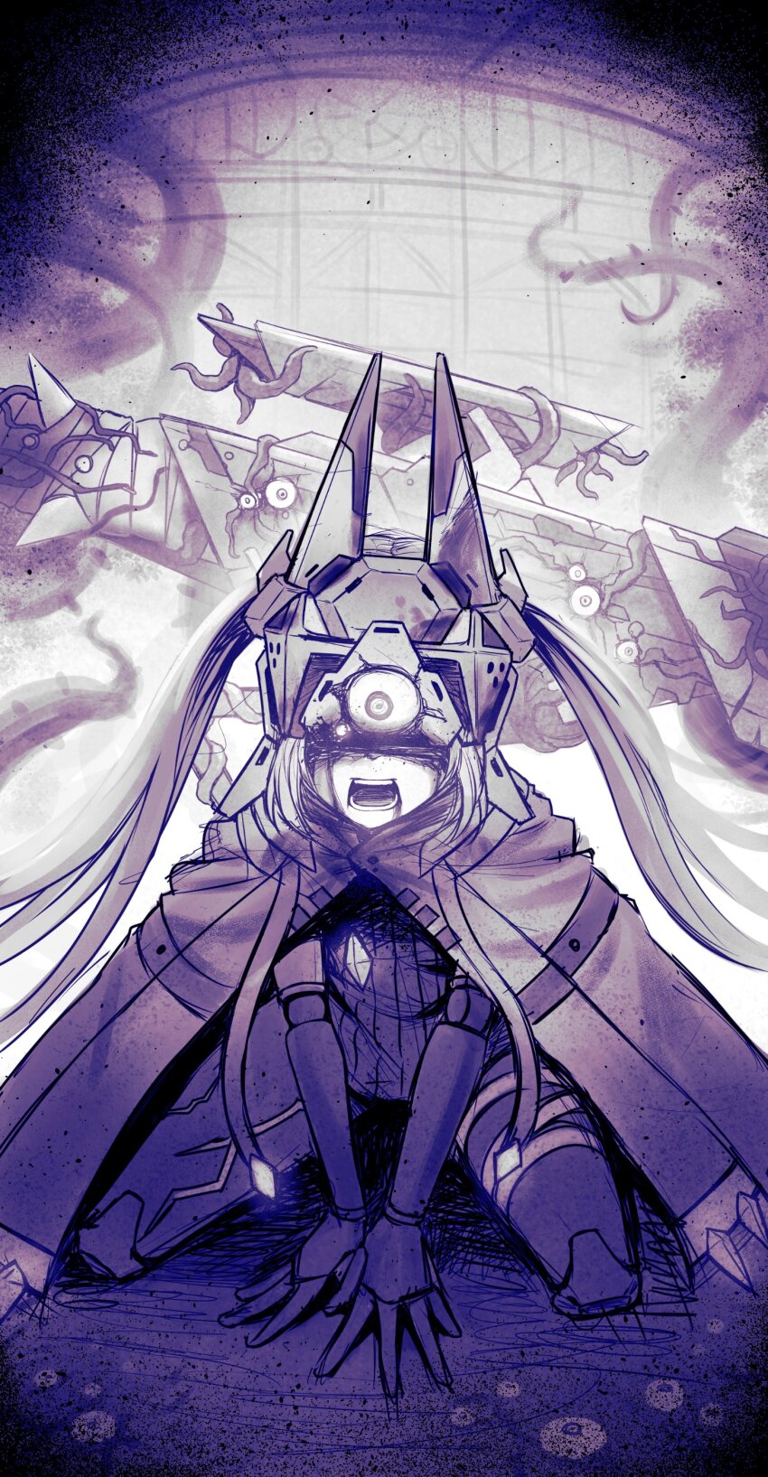 1girl, absurdres, cloak, commentary, corruption, english_commentary, eyeball, full_body