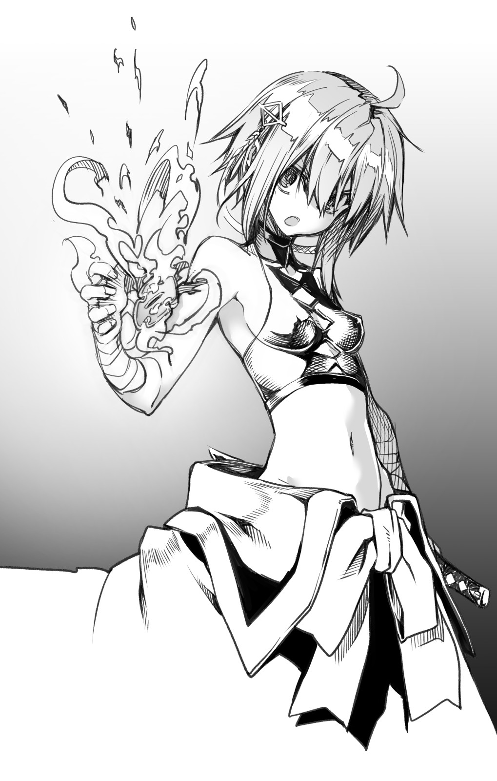 10mo, 1girl, ahoge, bandaged_arm, bandages, cleavage_cutout, clothing_cutout, collarbone, crop_top, fire, fudou_yukimitsu_(tenka_hyakken), greyscale, hair_ornament, hand_up, head_tilt, highres, holding, holding_weapon, midriff, monochrome, open_hand, open_mouth, pyrokinesis, serious, short_hair, sleeveless, standing, tenka_hyakken, waist_cape, weapon, white_background