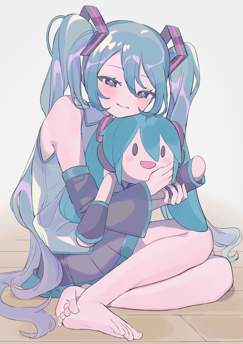 1girl, absurdres, aqua_hair, bare_shoulders, barefoot, black_skirt, blush, character_doll