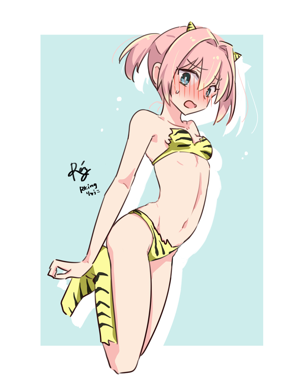 1girl, animal_print, bare_arms, bare_shoulders, bikini, blue_background, blue_eyes, blush, breasts, collarbone, commentary_request, cosplay, drop_shadow, full_body, hair_between_eyes, hair_intakes, highres, kantai_collection, kneehighs, looking_at_viewer, lum, lum_(cosplay), navel, nose_blush, open_mouth, pink_hair, ponytail, print_bikini, print_socks, r-king, shiranui_(kancolle), small_breasts, socks, solo, sweat, swimsuit, tiger_print, twitter_username, two-tone_background, urusei_yatsura, white_background, yellow_bikini, yellow_socks