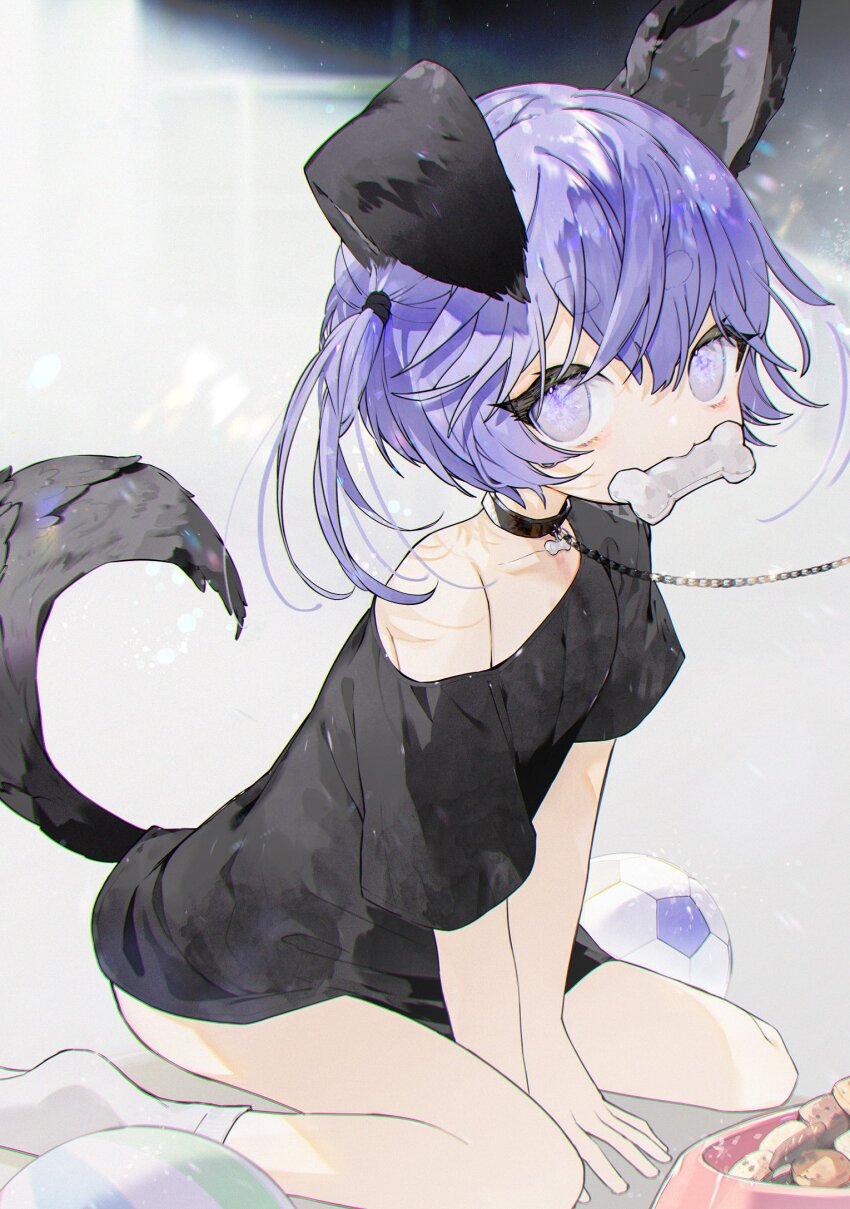 1girl, animal_collar, animal_ears, ball, between_legs, black_shirt, blue_eyes, blue_hair