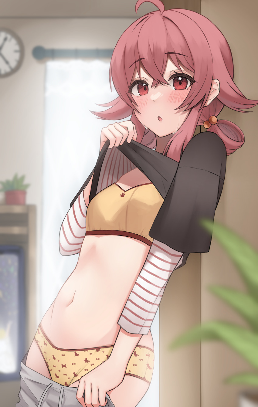 1girl, absurdres, ahoge, black_shirt, blurry, blurry_background, blurry_foreground, blush, bra, breasts, clothes_lift, clothes_pull, depth_of_field, grey_pants, hair_rings, highres, idolmaster, idolmaster_cinderella_girls, indoors, komiya_kaho, layered_shirt, lifting_own_clothes, looking_at_viewer, navel, panties, pants, pants_pull, pulling_own_clothes, pyonsan, red_eyes, red_hair, shirt, shirt_lift, small_breasts, solo, stomach, sweatdrop, torso_flash, underwear, yellow_bra, yellow_panties
