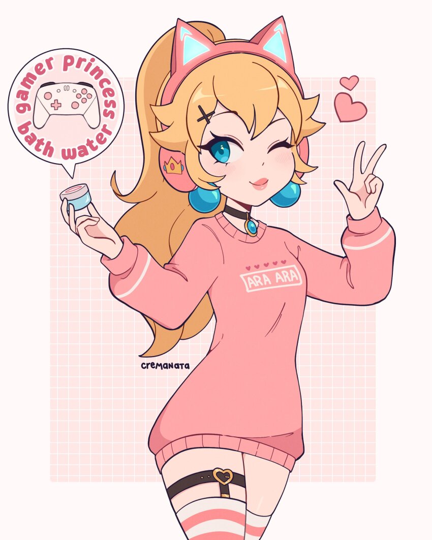 1girl, absurdres, animal_ear_headphones, animal_ears, ara_ara, bath_water_(meme), blonde_hair, blue_eyes, border, cat_ear_headphones, cat_ears, choker, cremanata, earrings, english_text, fake_animal_ears, headphones, heart, highres, jewelry, long_hair, mario_(series), meme, nintendo, one_eye_closed, pink_sweater, princess_peach, sphere_earrings, striped_clothes, striped_thighhighs, super_mario_bros._1, sweater, thighhighs, v, white_border